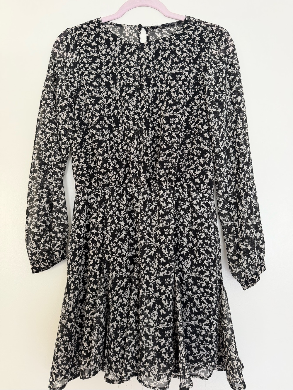 Zara Black and White Floral Long-Sleeve Fit-and-Flare Dress